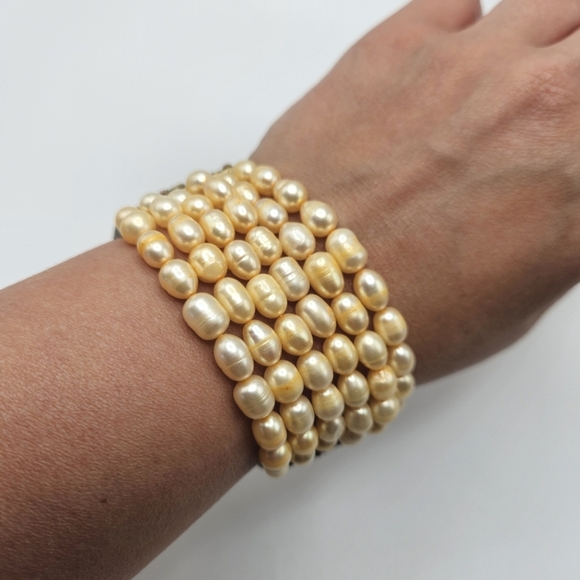 VINTAGE Champagne Freshwater Pearl Pink Rhinestone Chain Stretch Bracelet - Picture 8 of 8